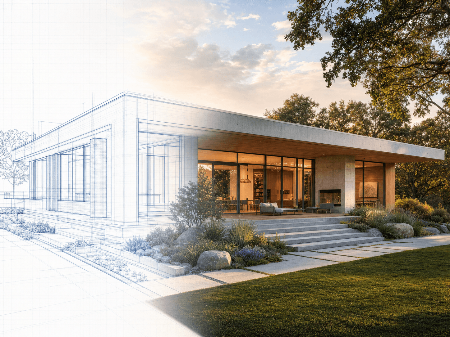 Modern house transitioning from architectural linework to a photorealistic render