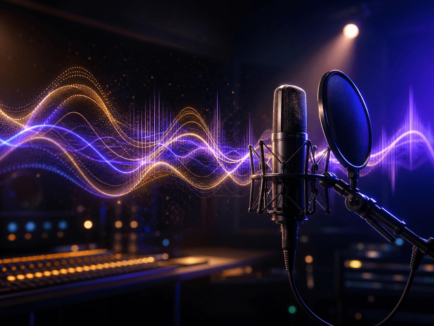 Studio microphone surrounded by luminous blue, violet and gold sound waves