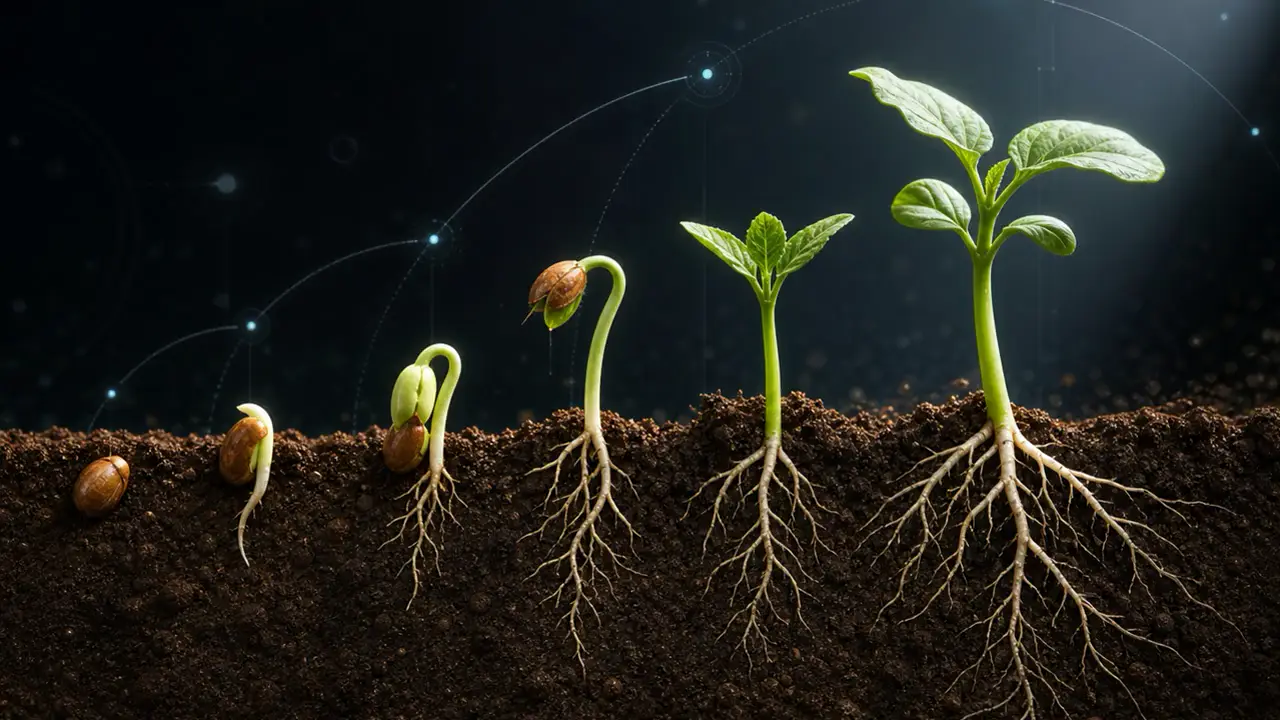 Educational visualization showing the stages of seed germination