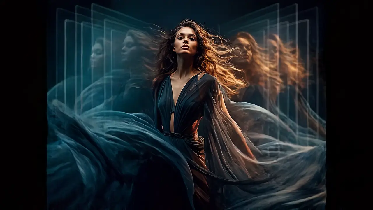 Fashion portrait surrounded by flowing fabric and cinematic motion echoes