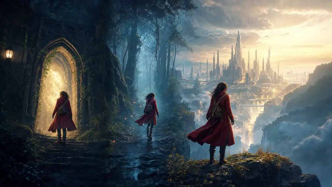 Explorer in a red coat moving through a forest toward a luminous city